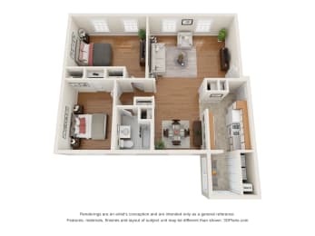 a stylized floor plan with a bedroom and a living room