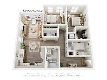 A 3D floor plan of a house with a kitchen, living room, and bathroom.