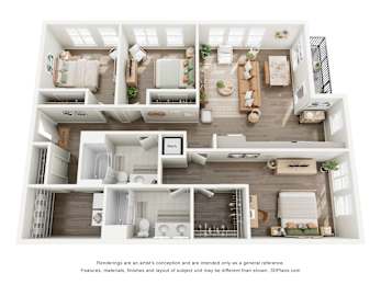 A 3D floor plan of a house with a kitchen, living room, and bathrooms.