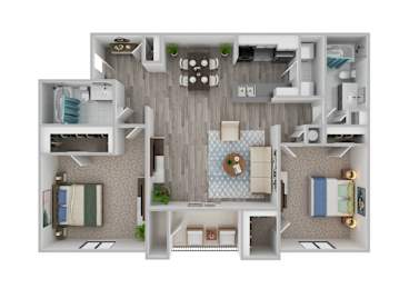 A top-down view of a small apartment with a kitchen, living room, and bathroom.