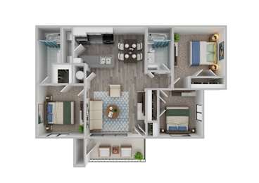 A 3D floor plan of a small apartment with a kitchen, living room, and bedrooms.