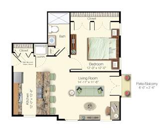 A floor plan of a home showing a living room, kitchen, and two bedrooms.
