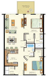 A floor plan of a Patio/Balkony with a living room, kitchen, two bedrooms, and two bathrooms.