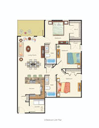 A 3 bedroom apartment layout with a living room, kitchen, and bathrooms.