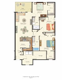 A floor plan of an apartment with a kitchen, living room, and two bedrooms.