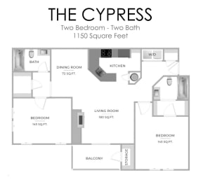 the cypress floor plan  two bedroom two baths  1190 square feet at Timberwalk at Mandarin Apartment Homes, Florida, 32257