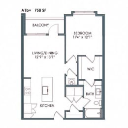 1 bed 1 bath floor plan B at Meeder Flats Apartment Homes, Cranberry Township, 16066