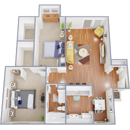 A 3D rendered image of a two-bedroom apartment with a living room, kitchen, and bathroom.
