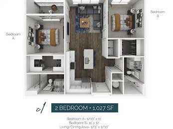 A diagram shows the layout of a 2 bedroom apartment with a living/dining area.