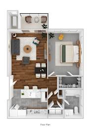 A floor plan of a small apartment with a kitchen, living room, and bathroom.