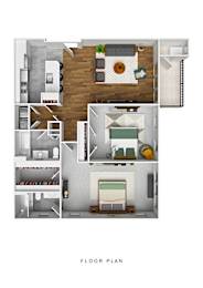 A floor plan of a small apartment with a kitchen, living room, and bathroom.