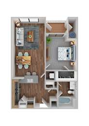 A 3D rendered image of a small apartment layout.