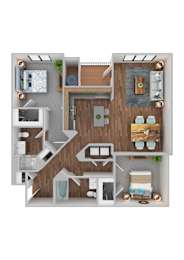 A 3D floor plan of a small apartment with a kitchen, living room, and bathroom.