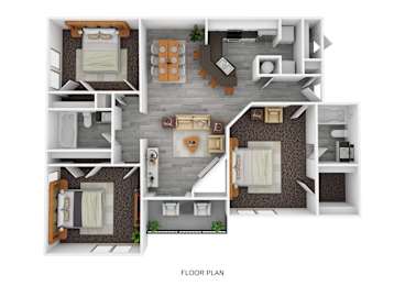A floor plan of a house with two bedrooms, a living room, a kitchen, and a bathroom.