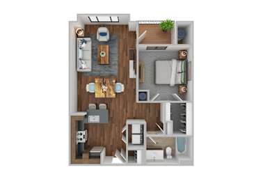 A top-down view of a small apartment with a kitchen, living room, and bedroom.