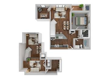 A top-down view of a house layout with a kitchen, living room, bedrooms, and bathrooms.