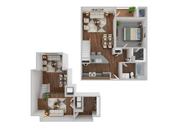 A 3D floor plan of a house with a kitchen, living room, dining room, and bedrooms.