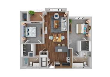 A top-down view of a modern apartment layout with a kitchen, living room, and bedrooms.