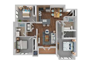 A top-down view of a small apartment layout with a kitchen, living room, and bedrooms.