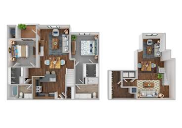 A floor plan of a two-bedroom apartment with a living room, kitchen, and bathroom.