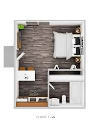 A floor plan of a small apartment with a bed, desk, and shelves.