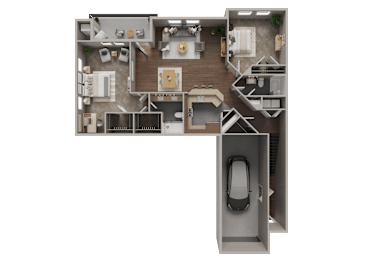 A 3D rendered image of a two bedroom 2 bathroom apartment