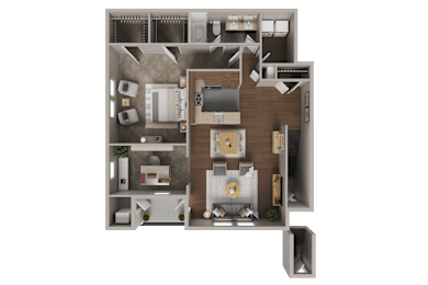 A 3D rendered image of a house layout.