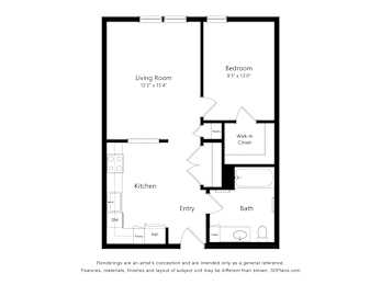 A floor plan of a small apartment with a living room, bedroom, kitchen, entry, and bath.