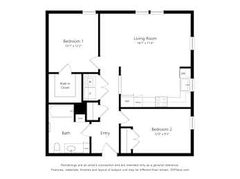 A floor plan of a small apartment with two bedrooms, a living room, and a bathroom.