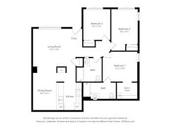 A black and white floor plan of a house with three bedrooms and a dining room.