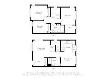 A floor plan of a two level home with three bedrooms and two bathrooms.