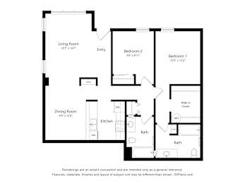 A floor plan of a small apartment with a living room, dining room, kitchen, two bedrooms and two bathrooms.