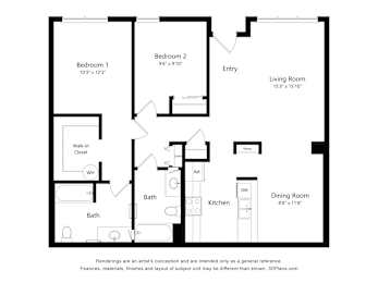 A black and white floor plan of a house with two bedrooms, a living room, a dining room, a kitchen, a bath, and a walk-in closet.