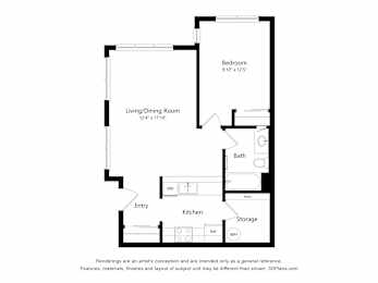 A floor plan of a small apartment with a living room, kitchen, bathroom, and bedroom.