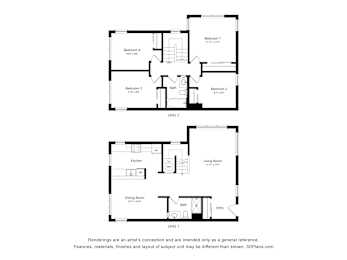 A black and white drawing of a house with two levels and four bedrooms.