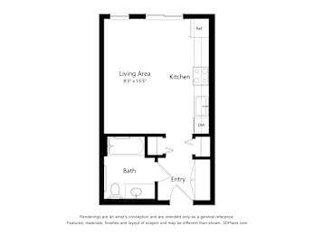 A floor plan of a small apartment with a living area, kitchen, bath, and entry.