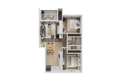 A 3D floor plan of a small apartment with a kitchen, living room, and bathroom.