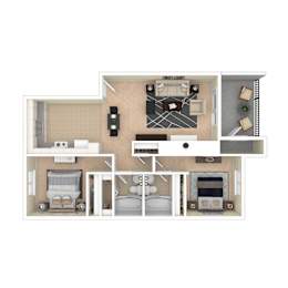 A floor plan of a small apartment with a living room, kitchen, and two bedrooms.