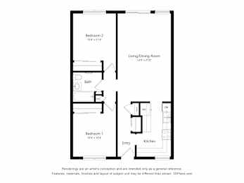 A floor plan of a small apartment with two bedrooms, a living/dining room, a kitchen, and a bathroom.