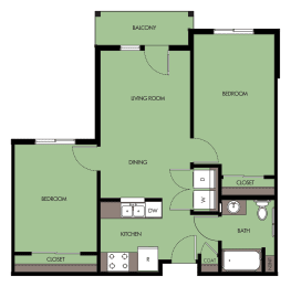  Floor Plan 2 Bed 1 Bath  B1A
