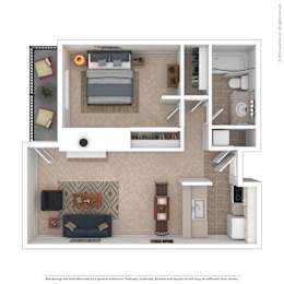 A floor plan of a small apartment with a bedroom, living room, and bathroom.