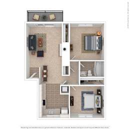 A floor plan of a small apartment with a kitchen, living room, and bathroom.