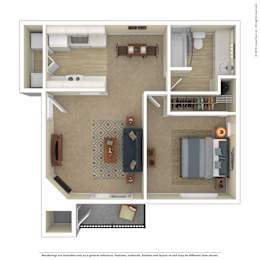 A floor plan of a small apartment with a kitchen, living room, and bedroom.