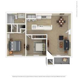 A floor plan of a house with a living room, kitchen, and bedrooms.