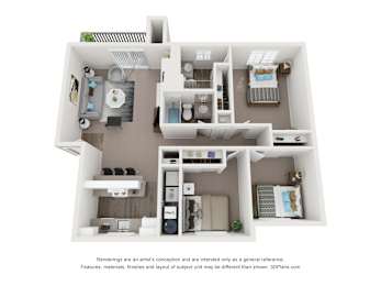 A 3D floor plan of a house with a kitchen, living room, and two bedrooms.