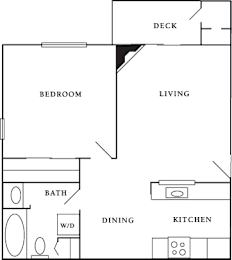A black and white image of a floor plan for a small apartment.
