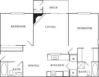 A black and white drawing of a house layout with a deck, two bedrooms, a living room, a dining room, a kitchen, and two bathrooms.