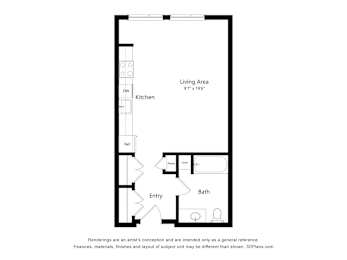 A floor plan of a small apartment with a living area, kitchen, bathroom, and entry.