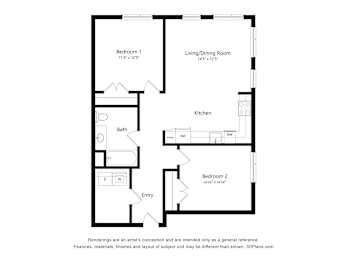A floor plan of a small apartment with two bedrooms, a living/dining room, a kitchen, a bathroom, and an entry.