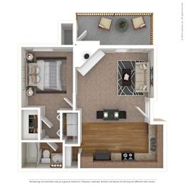 A 3D rendered image of a modern apartment layout.